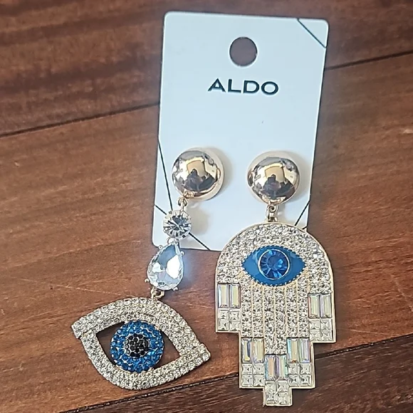 Aldo Gold Hamsa & Eye Drop Earrings with Blue Crystals Comes W Accessory Pouch - Picture 6 of 6